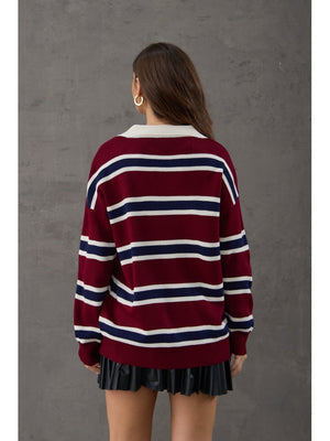 Bordo Polo Yaka Çizgili Kazak