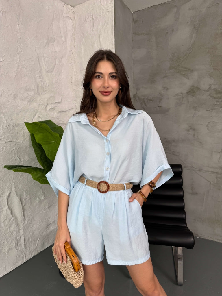 Bebe Mavi Hasır Kemerli Şortlu Tencel Takım
