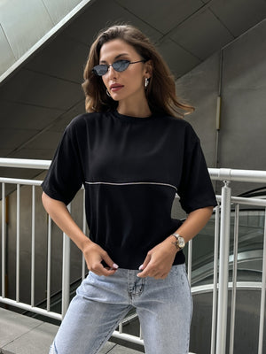 Siyah Zincir Şeritli Premium Triko Bluz