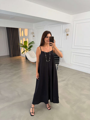 Premium Siyah Gofreli Salaş Elbise 3124-SİYAH