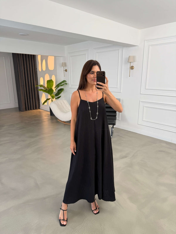 Premium Siyah Gofreli Salaş Elbise 3124-SİYAH
