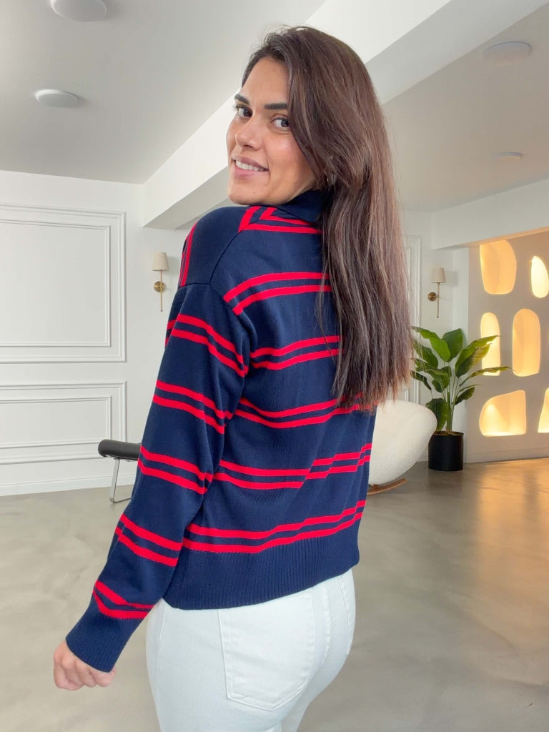 Kırmızı Çizgili Polo Yaka Triko 0548-Kırmızı