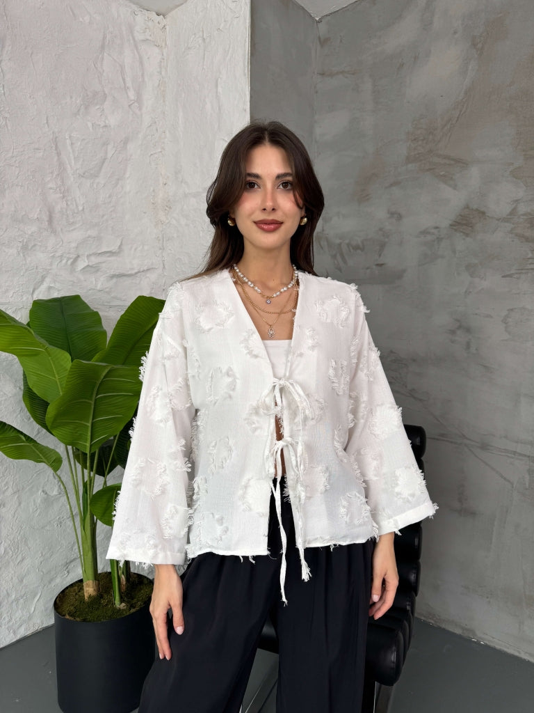 Beyaz Püsküllü Kimono
