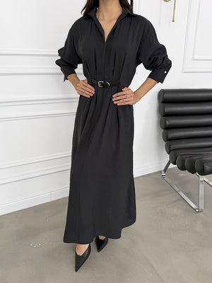 Siyah Kendinden Kemerli Tensel Elbise 3397-Siyah