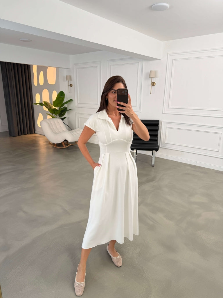 Beyaz Polo Yaka Pensli Modal Elbise 4129-Beyaz