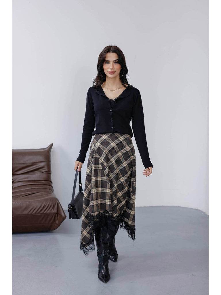 Kahverengi Etek Ucu Dantelli Ekose Etek 0783-Kahverengi