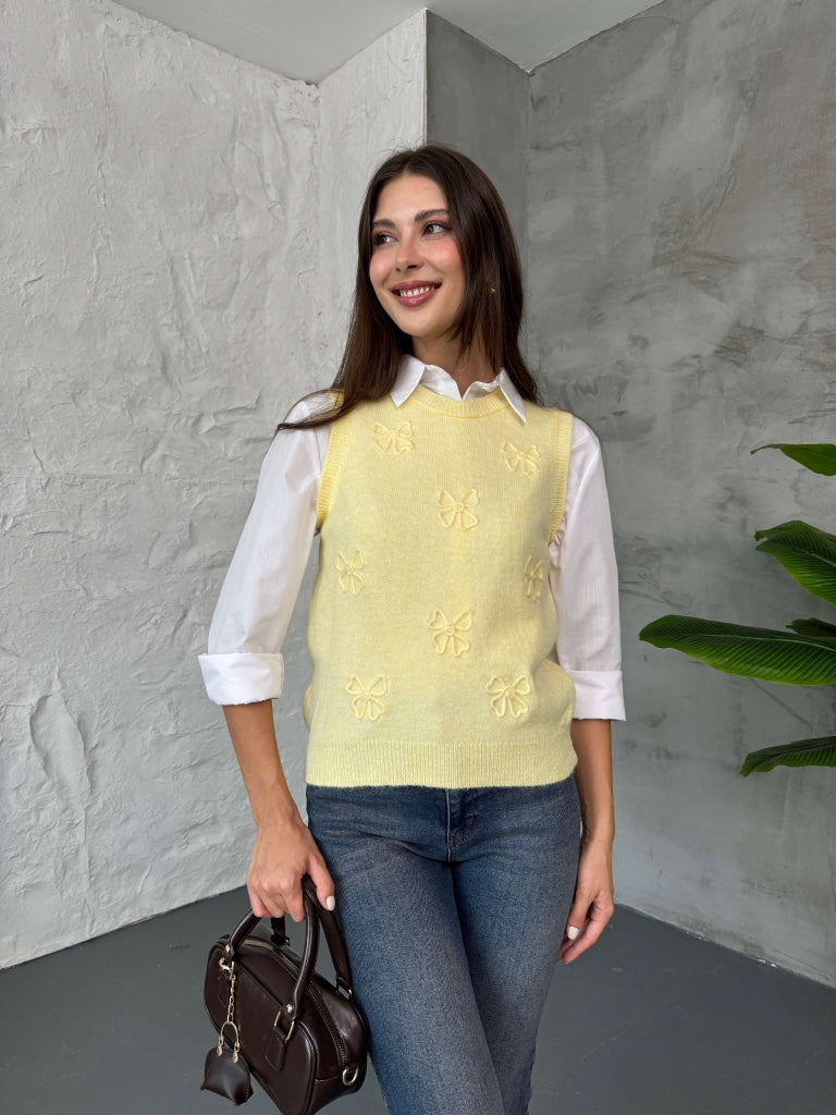 Sarı Serpme Fiyonk Detaylı Süveter
