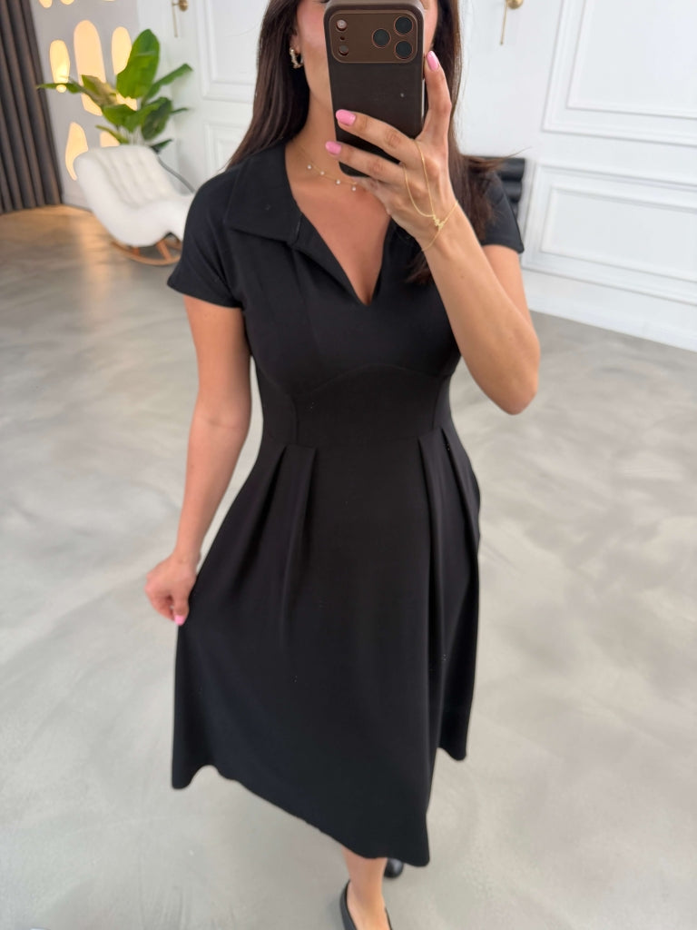 Siyah Polo Yaka Pensli Modal Elbise 4129-Siyah