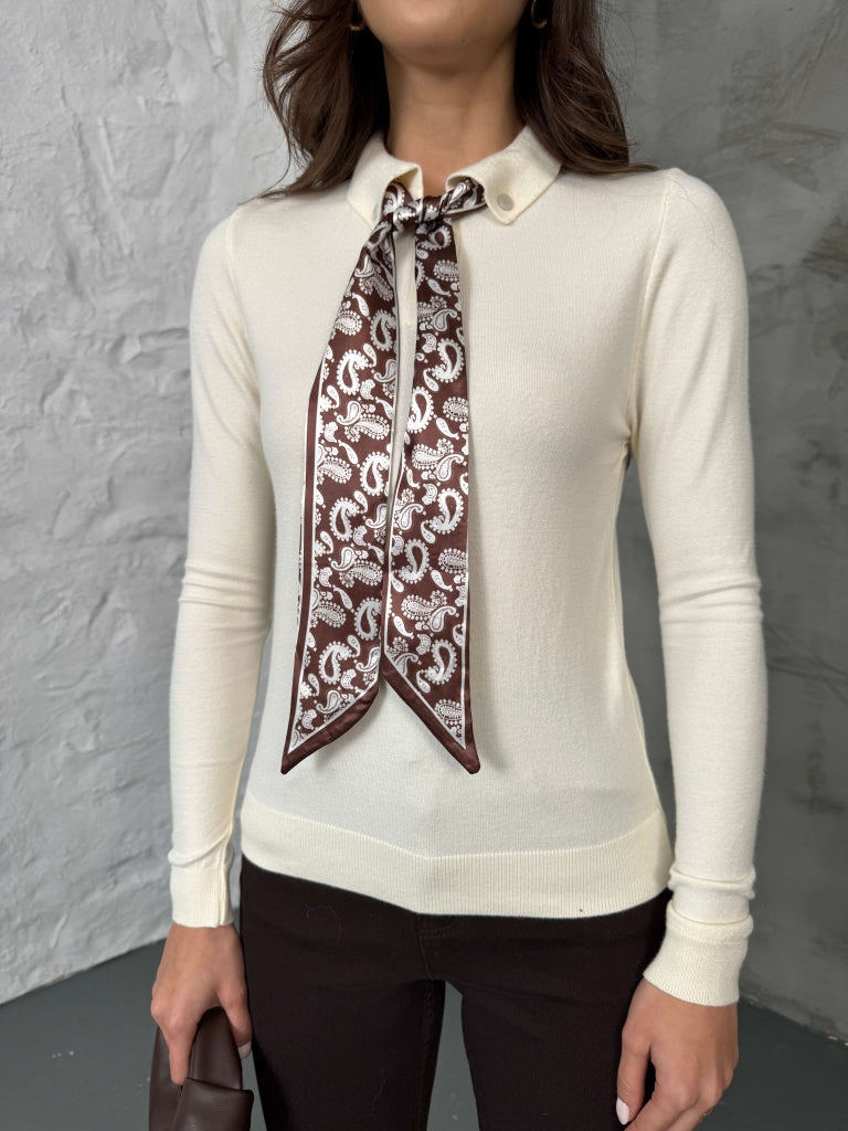 Ekru Polo Yaka Fularlı Massi Model Kazak R0097-Ekru