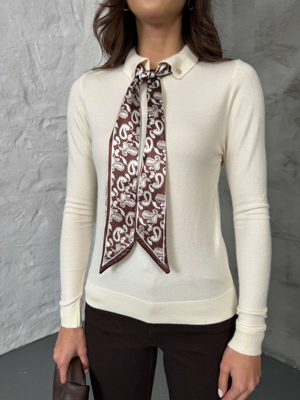 Ekru Polo Yaka Fularlı Massi Model Kazak R0097-Ekru