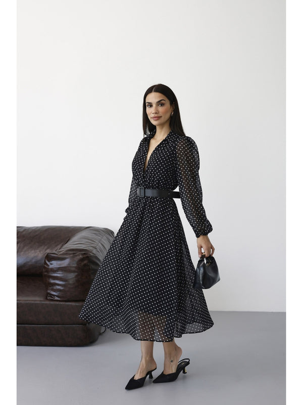 Siyah Puantiyeli Kemerli  Elbise 70295-SİYAH