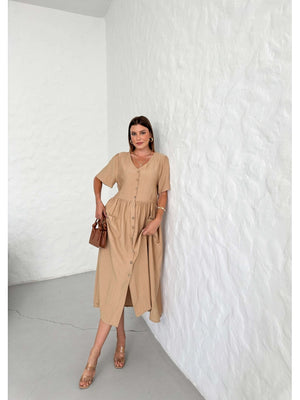 Camel Eteği Cepli Keten Elbise