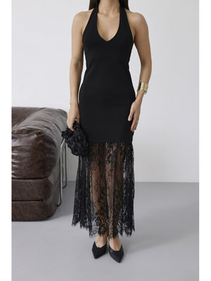 Siyah Sırt Dekolteli Dantel Detay Elbise 4106-Siyah