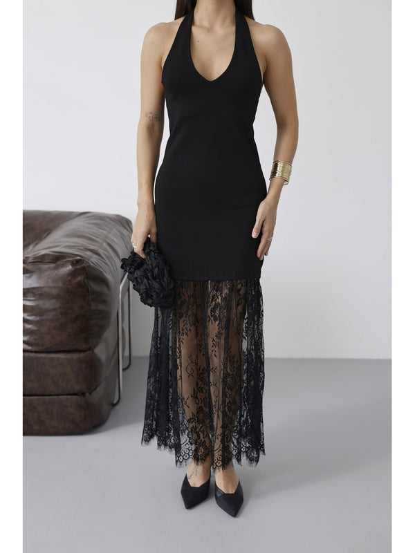 Siyah Sırt Dekolteli Dantel Detay Elbise 4106-Siyah