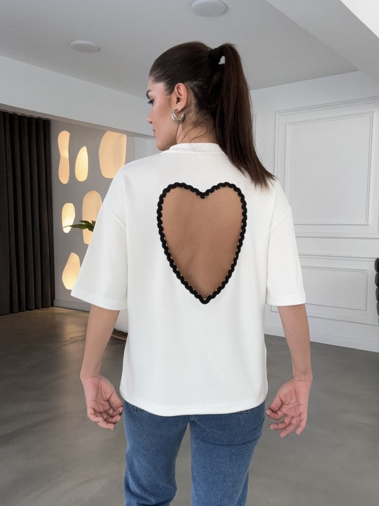 Ekru Siyah Sırtı Kalp Dekolteli Tshirt 1113-Ekru Siyah