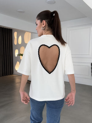 Ekru Siyah Sırtı Kalp Dekolteli Tshirt 1113-Ekru Siyah