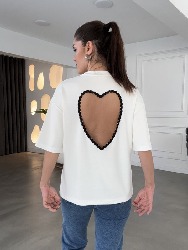 Ekru Siyah Sırtı Kalp Dekolteli Tshirt 1113-Ekru Siyah