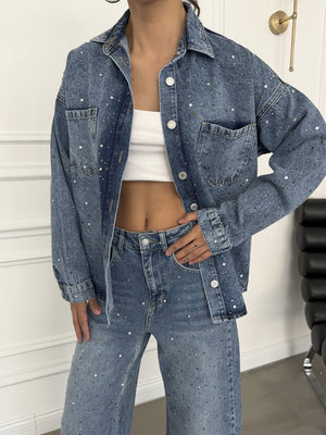 Mavi Serpme Taş Baskılı Denim Gömlek EY0002-Mavi