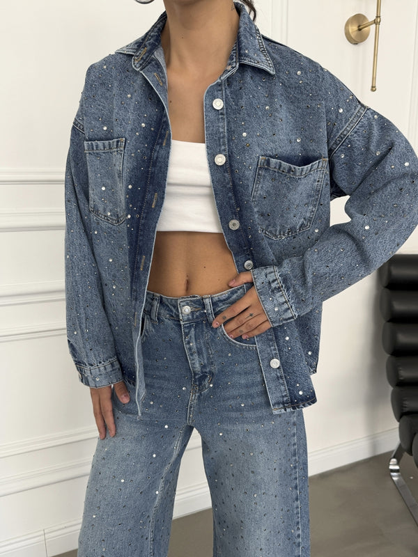 Mavi Serpme Taş Baskılı Denim Gömlek EY0002-Mavi