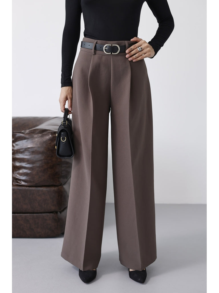 Kahverengi Gold Kemerli Palazzo Pantolon 51266-Kahverengi