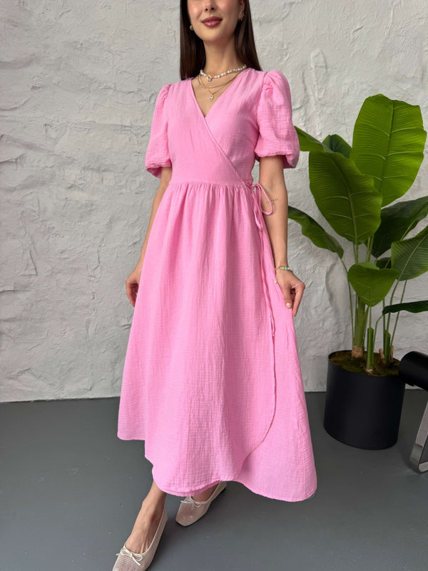 Pembe Yan Bağlamalı Müslin Elbise