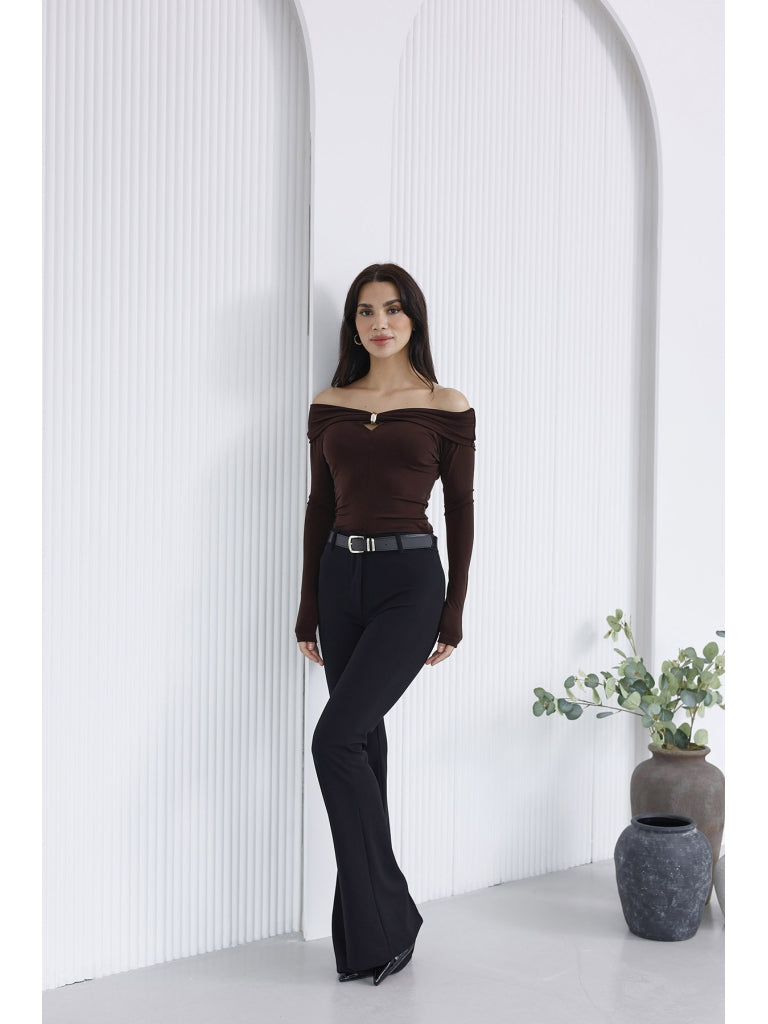 Siyah Gold Kemerli İspanyol Paça Pantolon 1741-Siyah