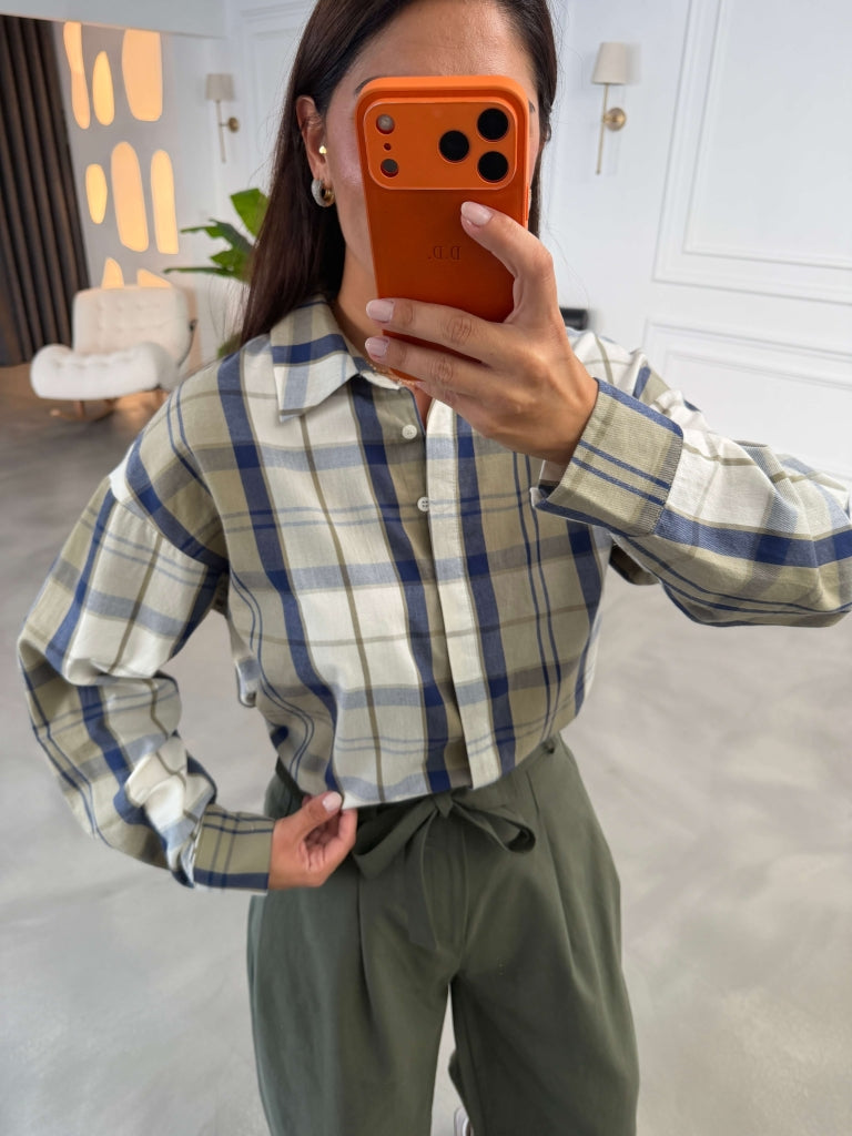 Haki Ekoseli Oversize Gömlek 9047-Haki
