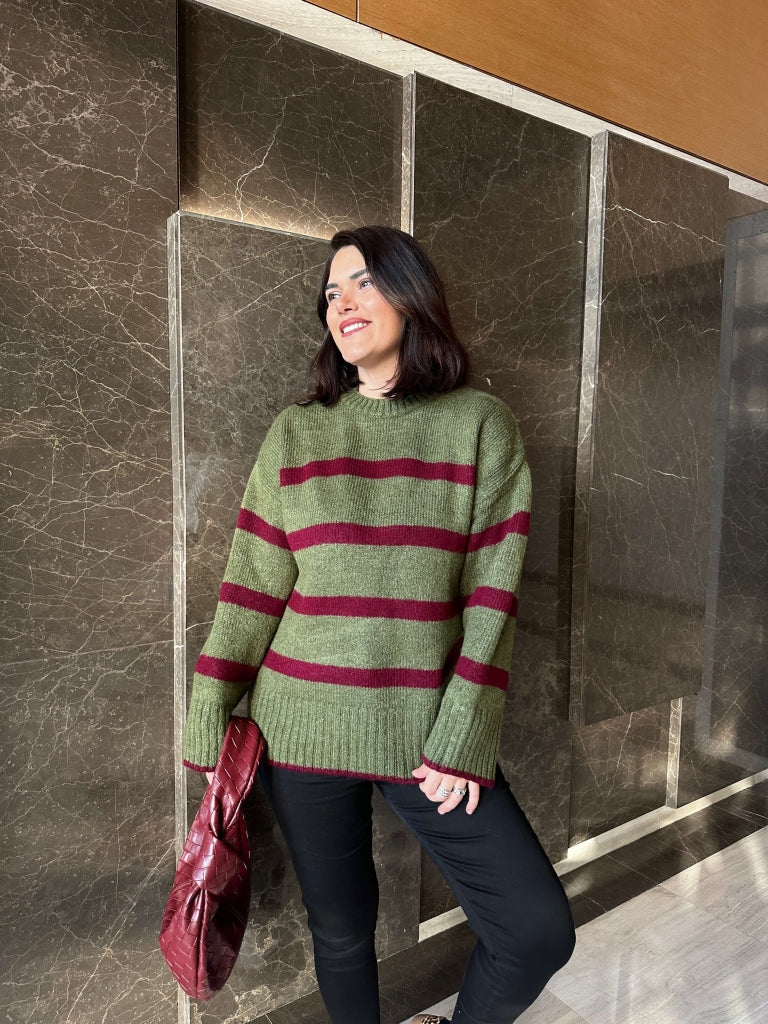 Yeşil Çizgili Oversize Kazak