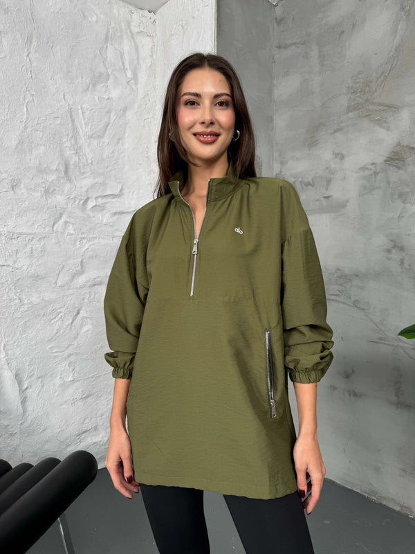 Haki Paraşüt Kumaş Fermuarlı Sweat
