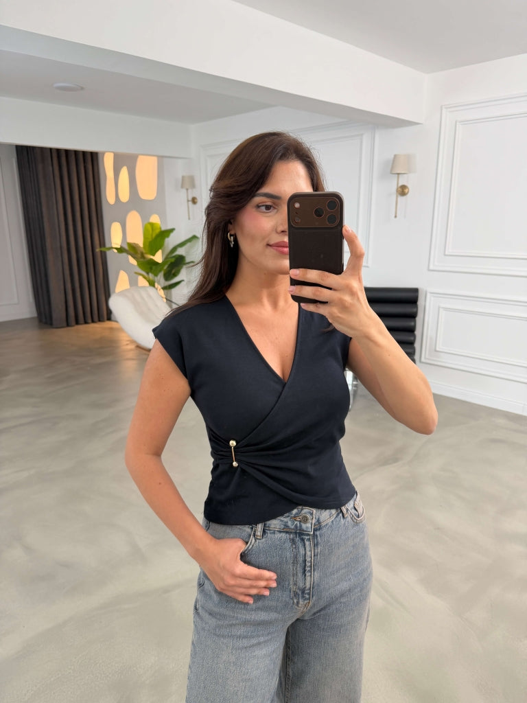 Lacivert Kruvaze Yaka Toka Detaylı Bluz 6904-Lacivert