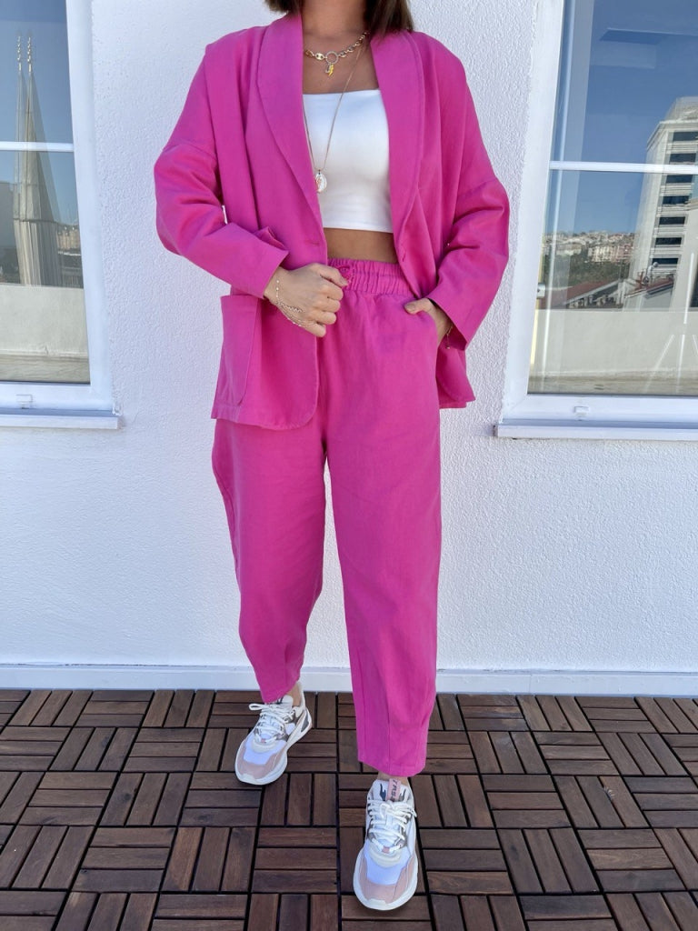 Fuşya Gabardin Oversize Ceket Pantolon Takım 50466-Fuşyaa