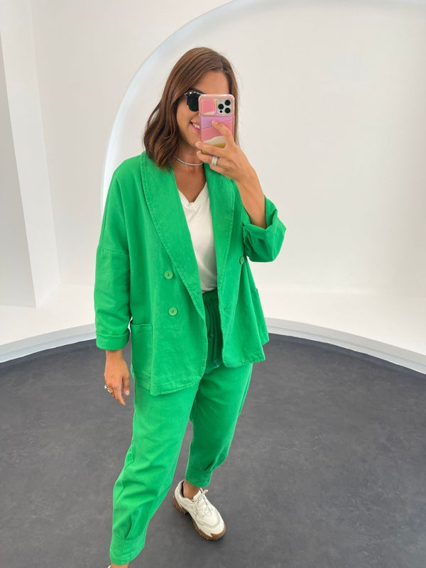 Yeşil  Gabardin Oversize Ceket Pantolon Takım 50466-Yeşil