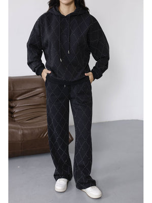 Siyah Taş Baskılı Kapşonlu Takım 4231-Siyah