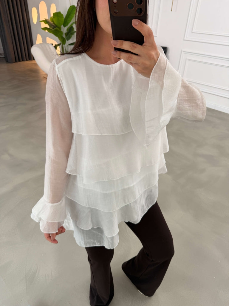 Beyaz Fırfırlı Transparan Bluz 5049-Beyaz