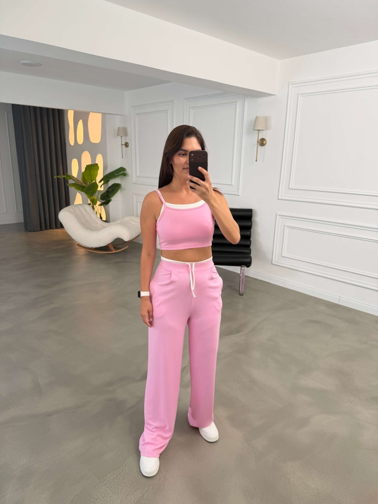 Pembe İçi Atletli Askılı Crop Takım 4807-Pembe