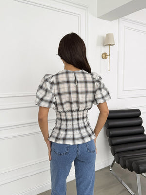 Bej Ekose Desen Beli Lastikli Bluz 8197-Bej