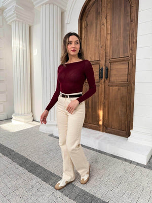 Bordo Kayık Yaka Transparan Bluz 25187-Bordo