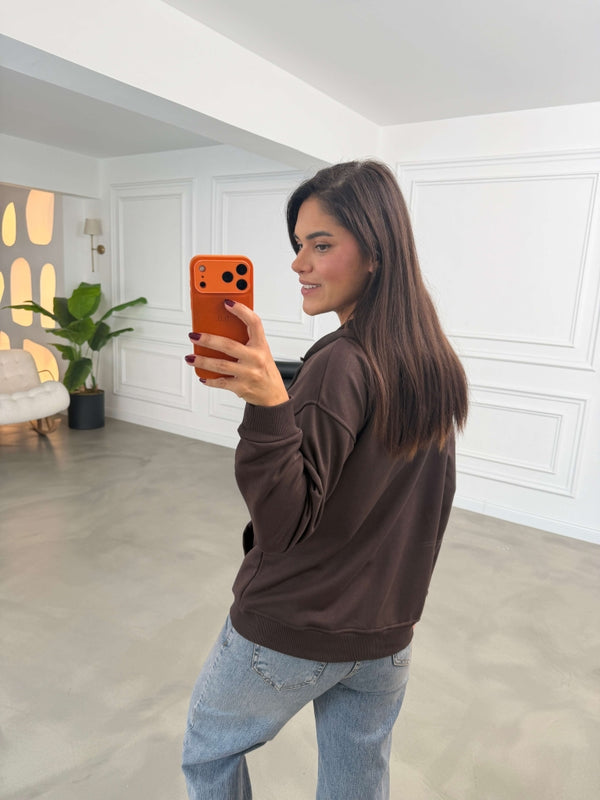 Kahverengi Kapüşonlu Fermuarlı Basic Sweatshirt 4321-Kahverengi