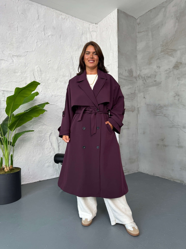 Mürdüm Kruvaze Detaylı Oversize Trençkot