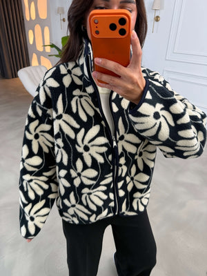 Lacivert Ekru Çicekli Ön Fermuarlı Peluş Sweat 22889-Lacivert Ekru