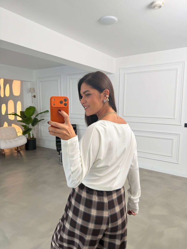 Beyaz Kayık Yaka Basic Bluz 12135-Beyaz