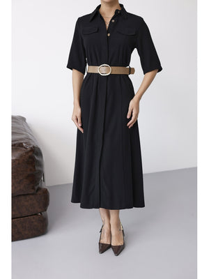 Siyah Cep Detaylı Kısa Kol Elbise 8124-Siyah