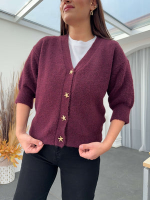 Mürdüm Kısa Kol Yıldız Düğmeli Top Hırka 2511-MÜRDÜM