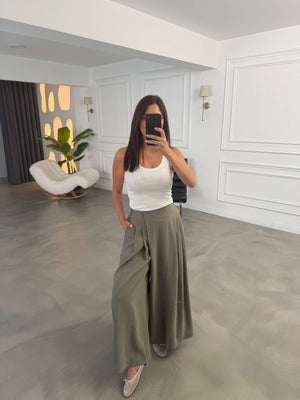 Haki Beli Pilili Tencel Pantolon 51204-Haki