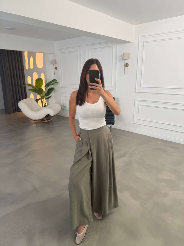 Haki Beli Pilili Tencel Pantolon 51204-Haki