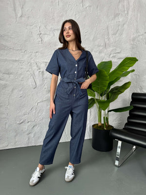 İnce Denim Bel Lastikli Tulum