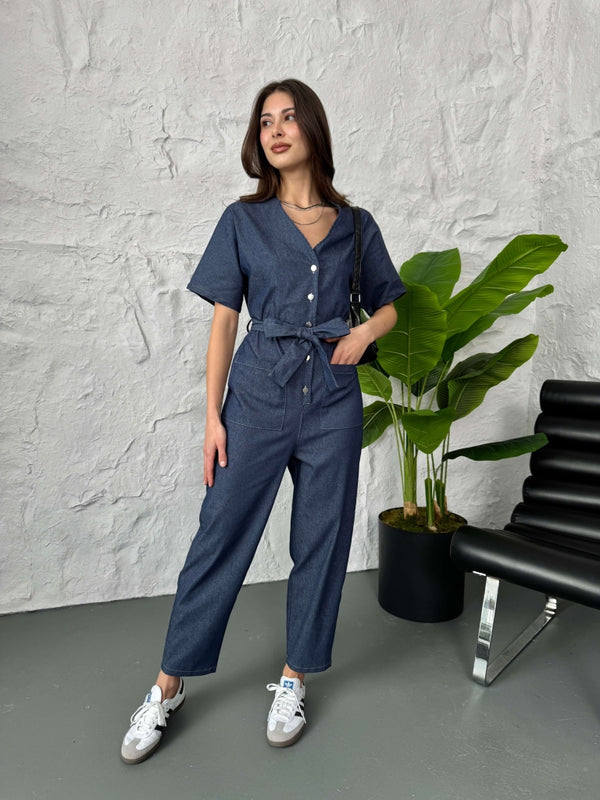 İnce Denim Bel Lastikli Tulum