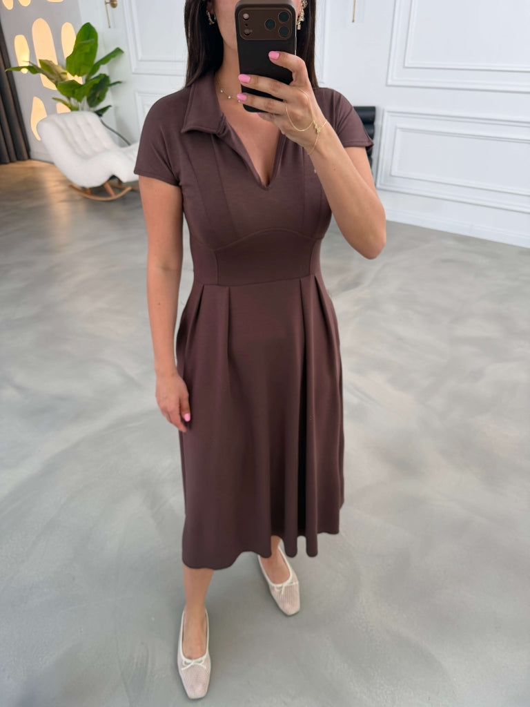 Kahve Polo Yaka Pensli Modal Elbise 4129-Kahve