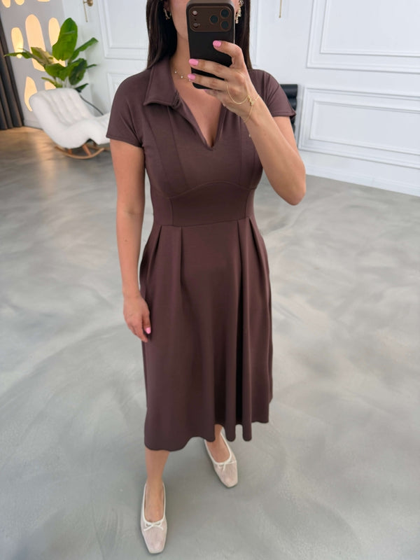 Kahve Polo Yaka Pensli Modal Elbise 4129-Kahve