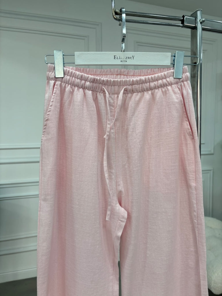 Pembe Beli Bağcıklı Keten Pantolon 7532-Pembe